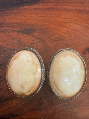 Vintage Ivory Tone Oval Cabochon Statement Earrings Rope Edge